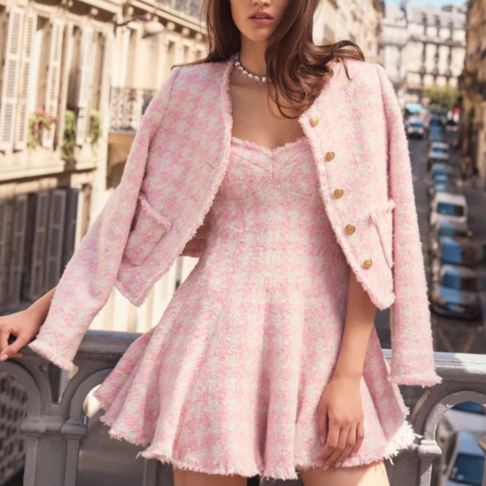 NEW LoveShackFancy Josalie Tweed Dress - Rose Quartx Pink